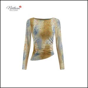 Long Sleeve Floral Print Ruched Slim Fit Blouse Y2K Fashion Top